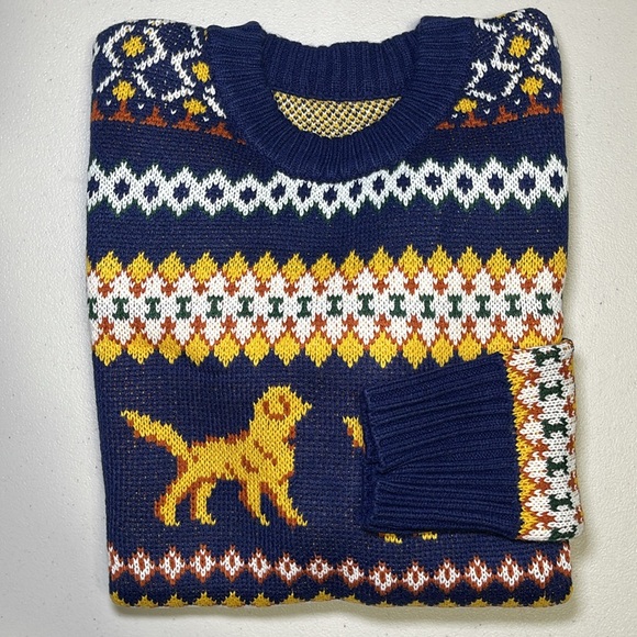 Sweaters - NEW Golden Autumn Sweater - Fall Golden Retriever Fair Isle Knit - KJP Blue